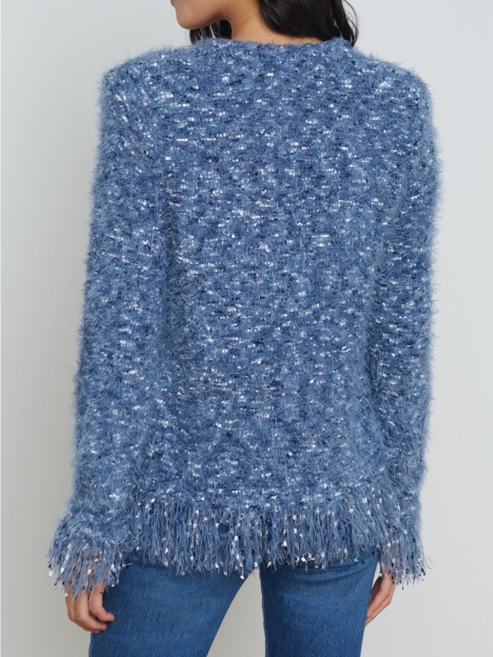 L'AGENCE Blue Textured Fringe Tweed Jacket - Picture 2 of 8